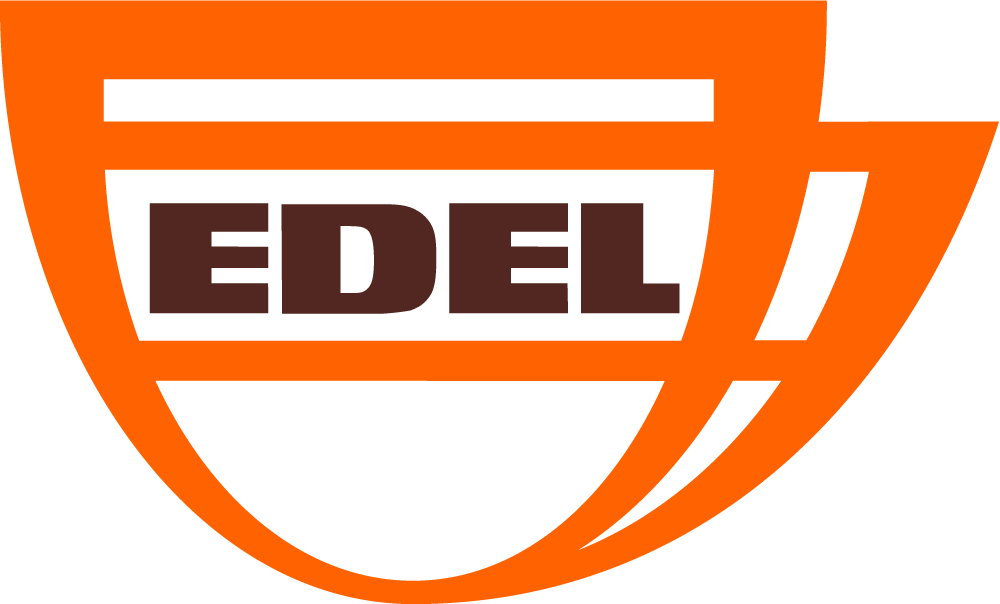 Logo Edel, lettres brunes dans une forme orange